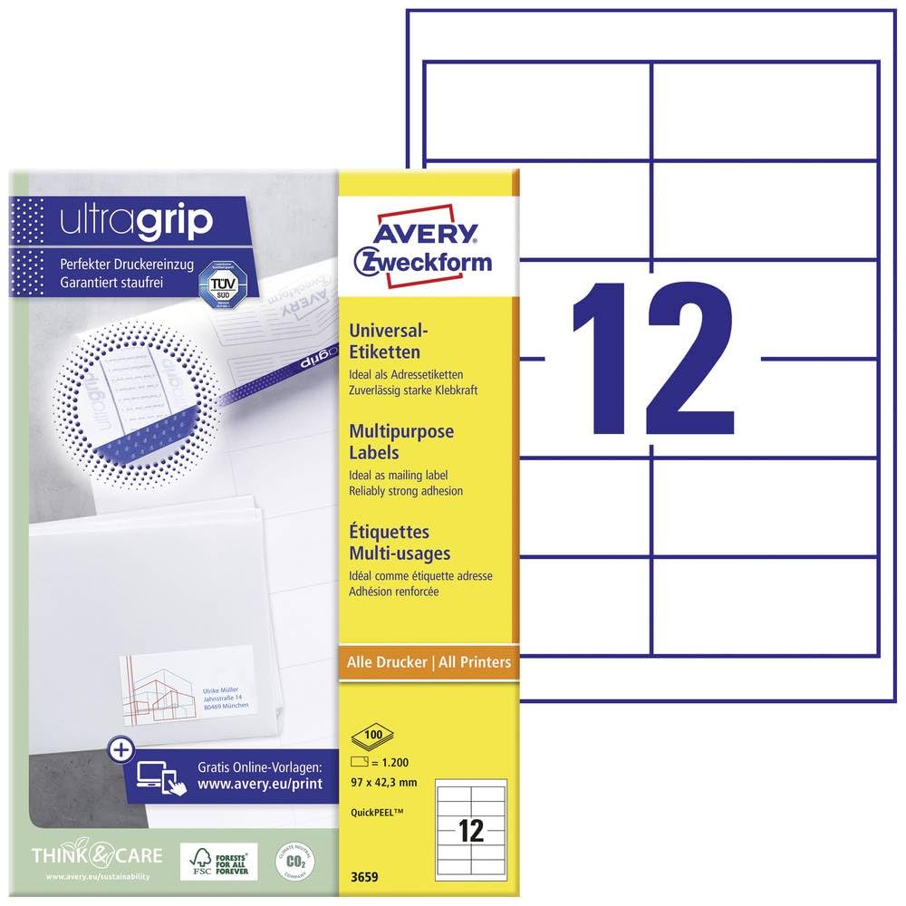 Avery Dennison Avery Zweckform 3659 Universal Labels 97 x 42.3 mm 100 Sheets White