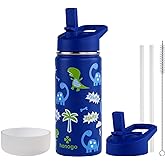 honogo 16 oz Stainless Steel Insulated Kids Water Bottle, Leak Proof Metal Thermal Flask with Straw lid, Cute Toddler Tumbler Cup for School Girls & Boys (Blue, Dino)