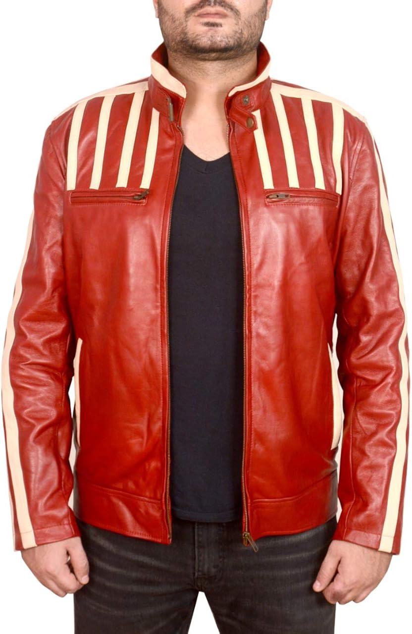 Red Leather Jacket with White Stripes at Amazon Men’s Clothing store