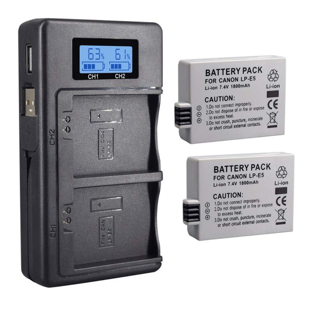 CITYORK 2-Pack LP-E5 Replacement Battery and Smart LCD Display Dual Channel Charger for Canon EOS Rebel XS, Rebel T1i, Rebel XSi, 1000D, 500D, 450D, Kiss X3, Kiss X2, Kiss F Digital Cameras