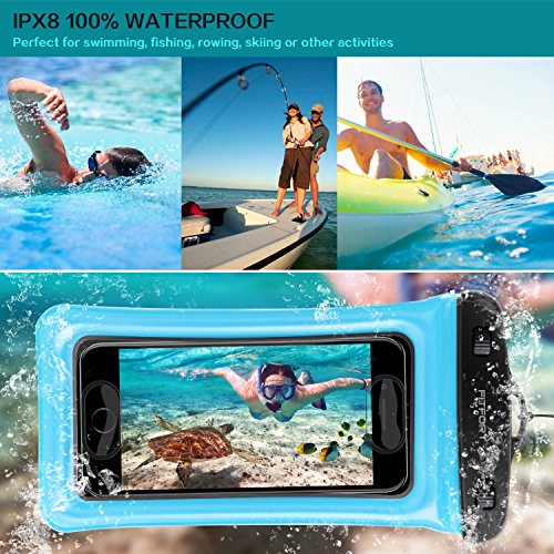 Floating Waterproof Case Phone Pouch - FITFORT Touch ID Fingerprints Available TPU Clear Dry Bag for iPhone X 8 7 Plus Samsung Galaxy Google Pixel HTC LG Sony (2-Pack)-Blue&Crystal