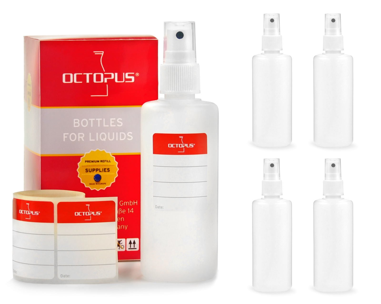 Octopus 5x 100 ml spray bottles with finger atomiser, plastic bottles with pump sprayer, plastic bottles made of HDPE with atomiser, incl. labels