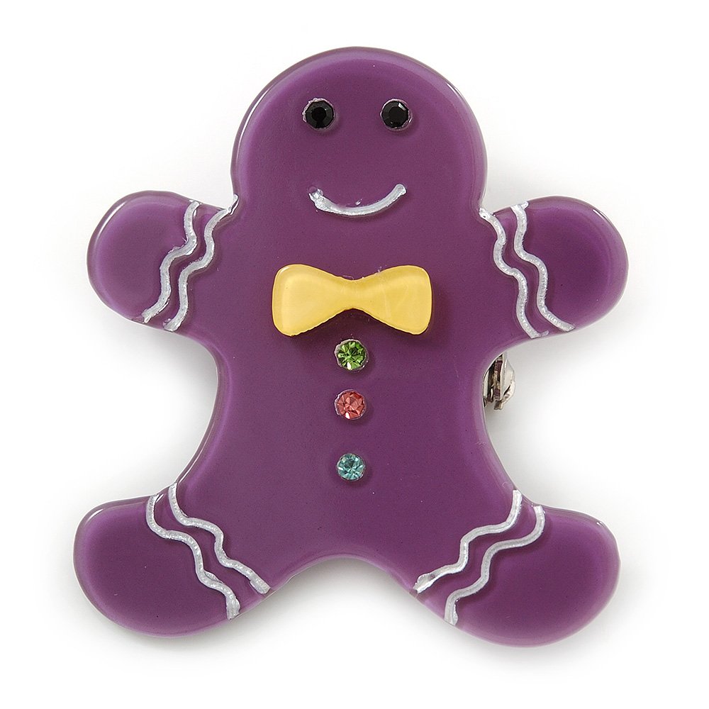 Purple Austrian Crystal Acrylic 'Gingerbread Man' Brooch - 45mm Length