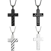 2 PCS American Flag Cross Necklace for Men Silver Black Bible Verse Cross Pendant Necklace Stainless Steel Flag Cross Neck-lace Religious Christian Patriotic Jewelry Accessories Gifts for Him