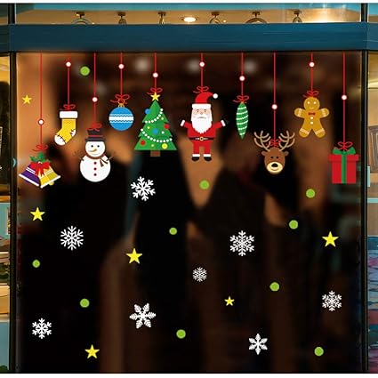 Extsud 2 Pezzi Vetrofanie Adesive Natalizie Per Finestre Babbo Natale Fiocco Pupazzo Neve Merry Christmas Adesivi Natale Vetrine Negozi Vetro Wall