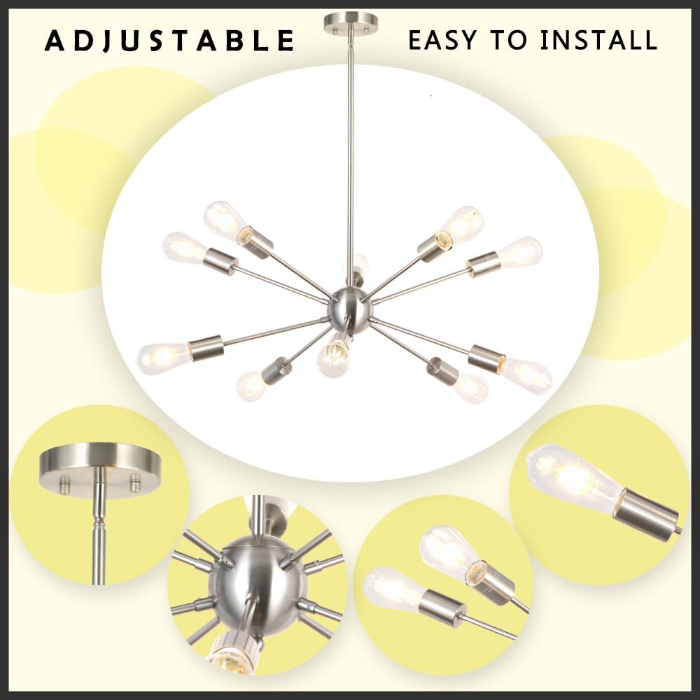 BONLICHT Sputnik Chandelier Lighting 10 Light Chandelier Modern Starburst Chandelier Mid Century Pendant Lighting Brushed Nickel Ceiling Light Fixture for Kitchen Dining Room Living Room Foyer - - 