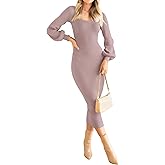ZESICA Women's 2026 Square Neck Ribbed Knit Dress Puff Long Sleeve Slim Fit Bodycon Fall Winter Pullover Sweater Dress