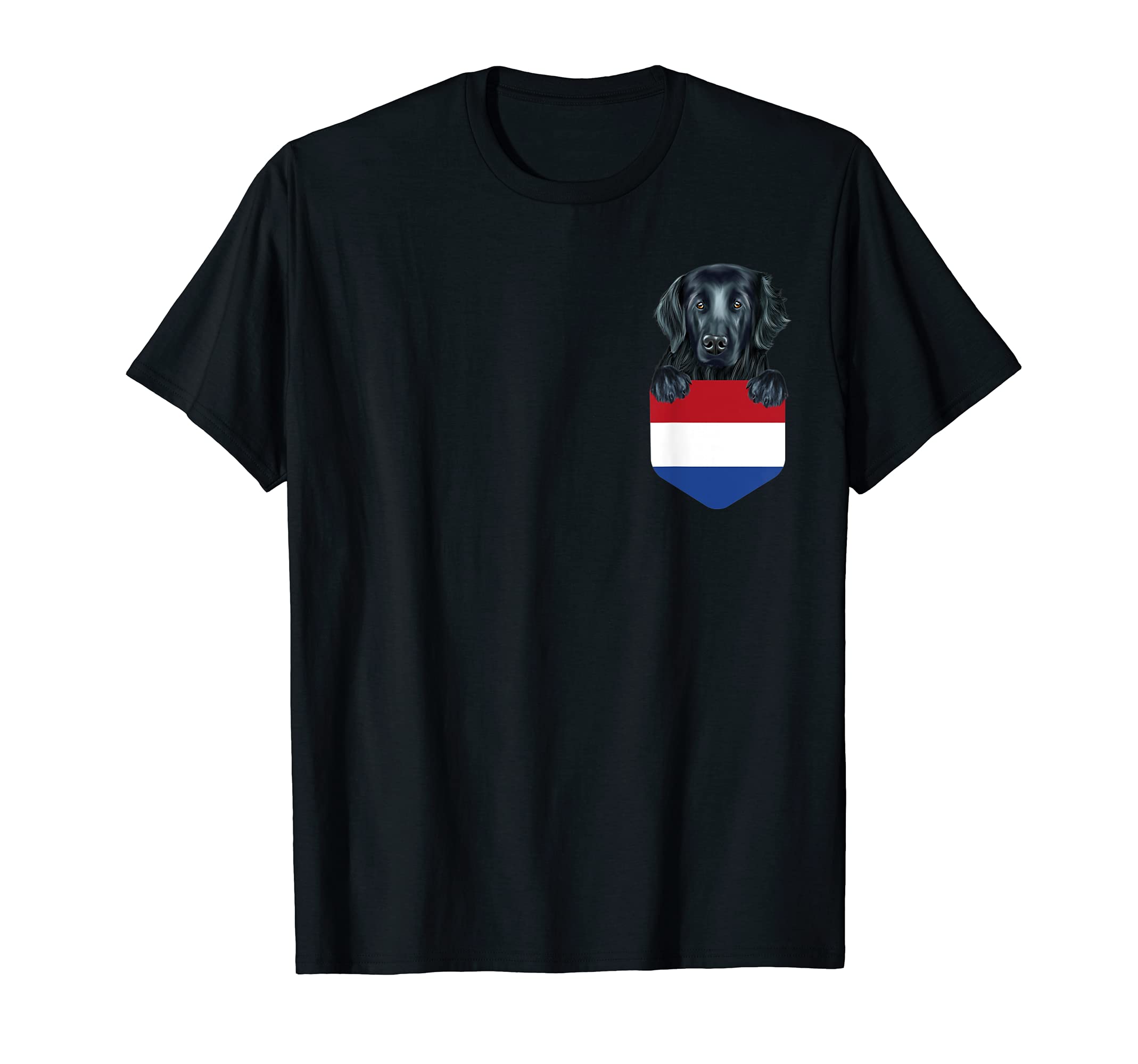 Netherlands Flag Flat-Coated Retriever Dog In Pocket T-Shirt