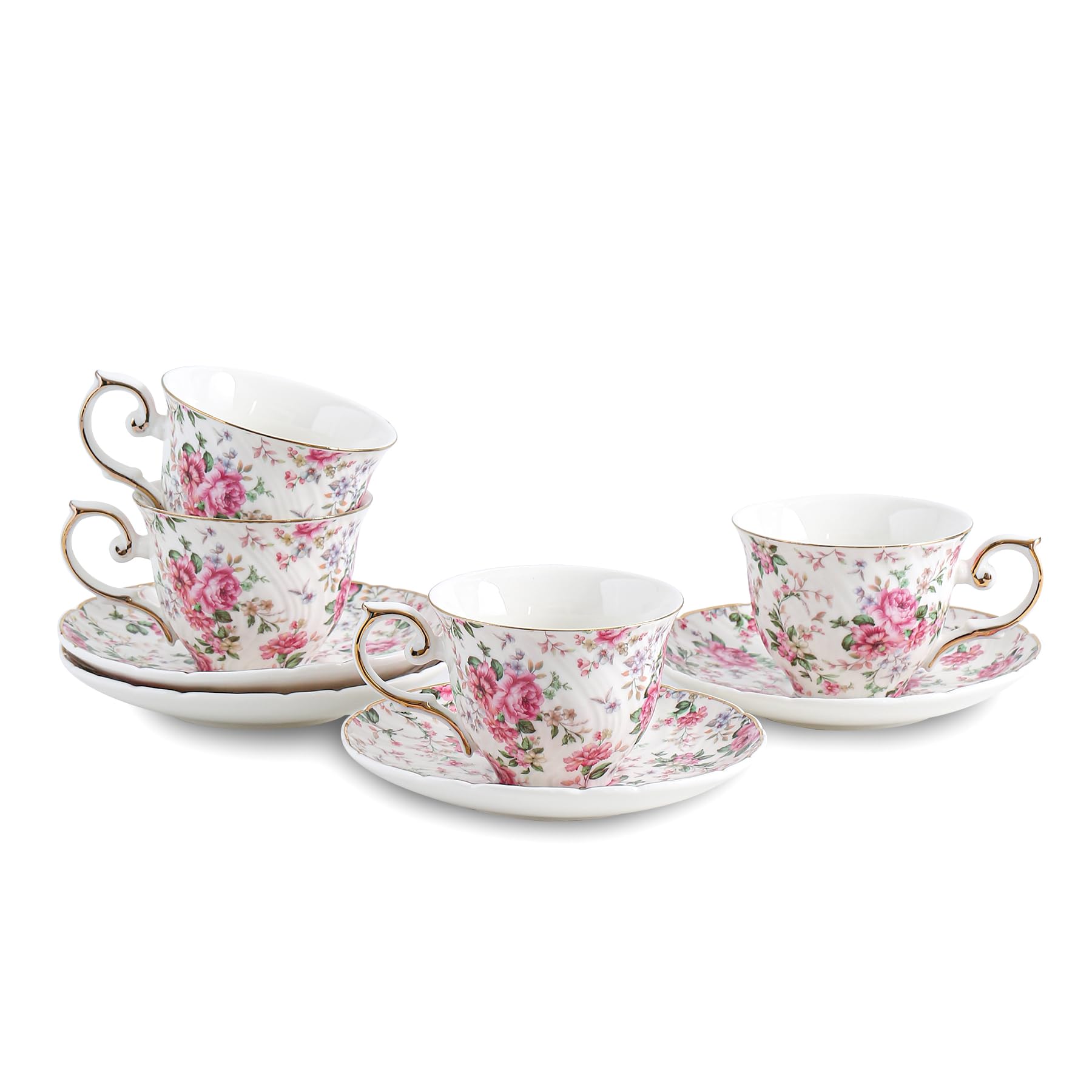 Photo 1 of ***1 cup missing*** Agyiuns tea cups and saucers ceramic coffee mug 6oz for Coffee, Latte, Cafe Mocha and Tea-Set of 4 (Big flowers-Set of 4)