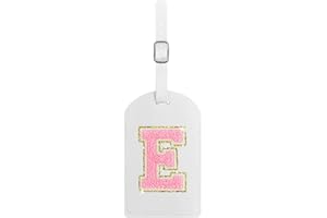 Fodofodo Initial Luggage Tag,Letter Luggage Tag,PU Leather Luggage Tags for Travel Bag Suitcases,Privacy Cover ID Label and Address Card（E,White Leather+Pink Letter）