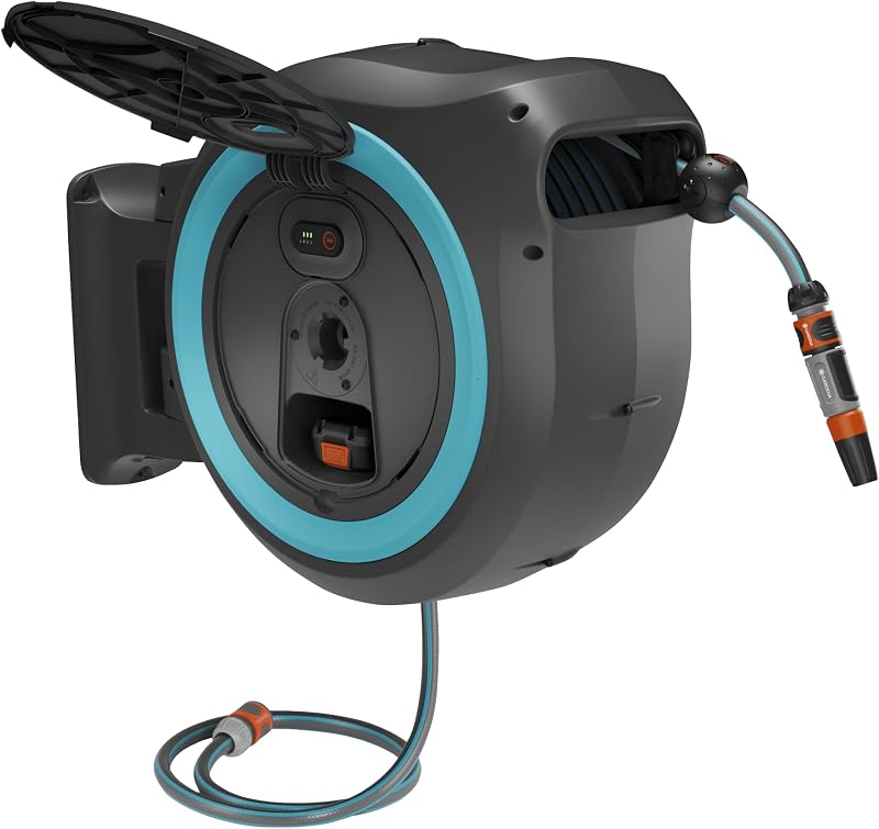 Conjunto Listo Para Usar Portamanguera de Pared con Batería PowerRoll XL: Portamanguera automático con manguera de 35 m, guía de manguera y RollControll, con batería (18640-20)