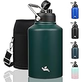 Konokyo 1 Gallon Jug with Handle,128 oz Insulated Water Bottle with Carrying Pouch, Double Wall Vacuum Stainless Steel Metal Bottle,Dark Green