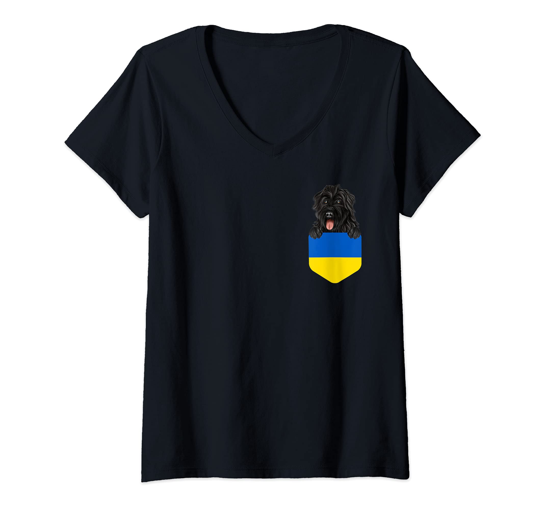 Womens Ukraine Flag Bouvier des Flandres Dog In Pocket V-Neck T-Shirt