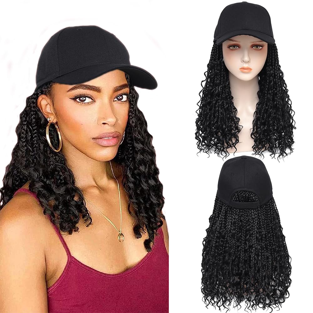 Photo 1 of Goddess Box Braiding Baseball Cap Wig Bohemian Curly Ends Box Braids Hat with Braided Hair Extensions for Black White Women Synthetic Braids Hat Wig with Hair Attached (16inch, 1B)