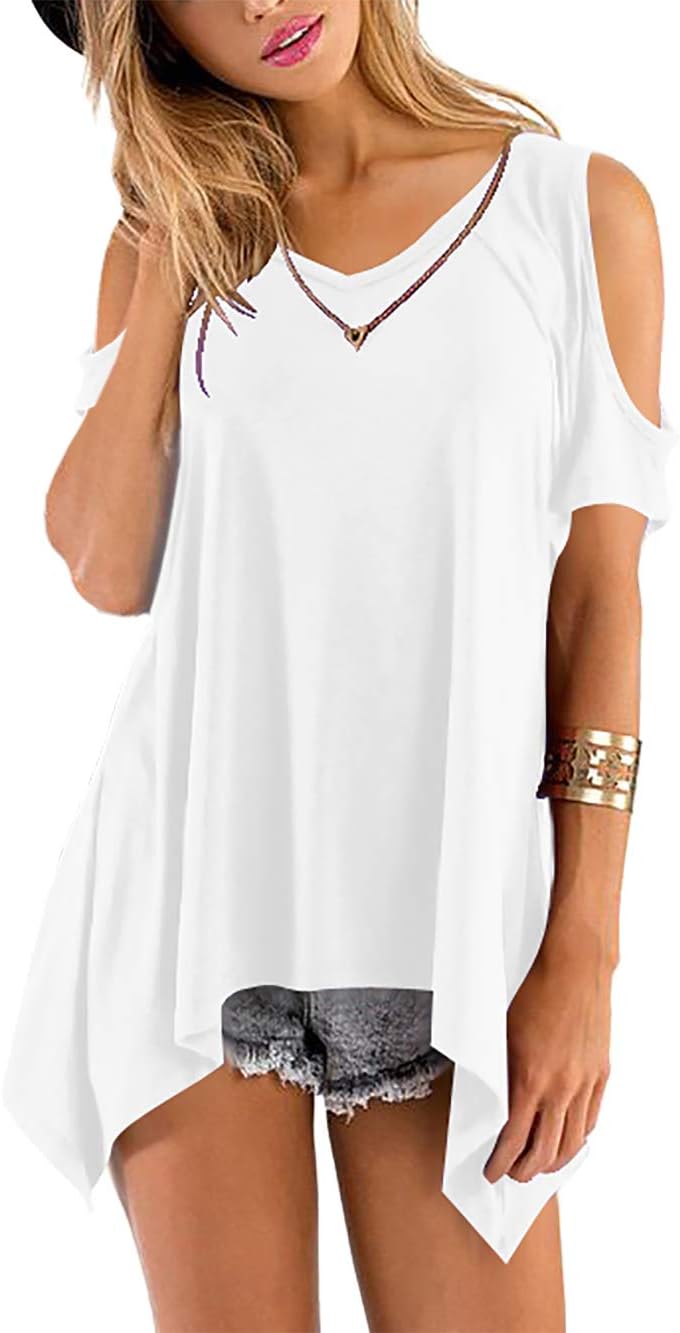 Florboom Womens Tshirts Plain V Neck Cold Shoulder Flare Tunic Top T Shirts