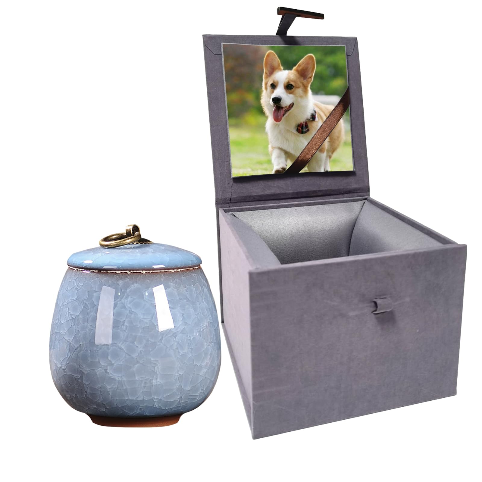 Small Ceramic Pet Urn for Ashes with Photo Display Box - Handcrafted Dog Memorial Gifts Ashes Urn for Cat Small Animals- Light Blue