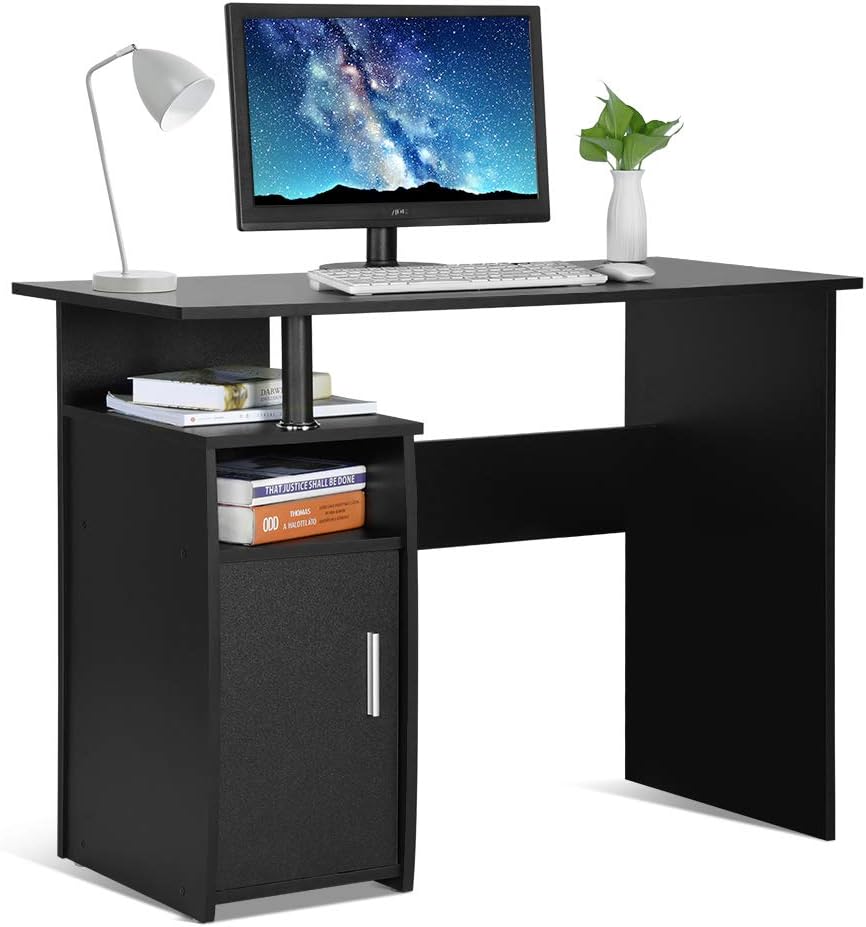 Computer Desk Wooden Home Office Computer Desk PC Laptop Table Workstation with Cabinet and Storage Shelf(Black)