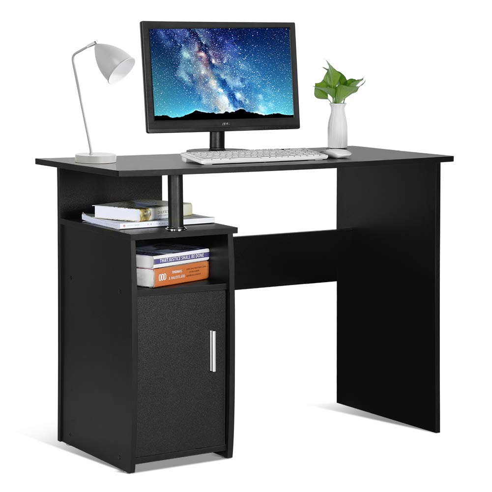Computer Desk Wooden Home Office Computer Desk PC Laptop Table Workstation with Cabinet and Storage Shelf(Black)