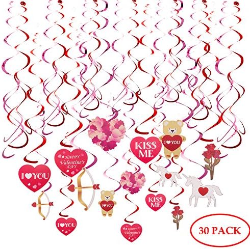 30 Pieces Valentine’s Day Party Hanging Swirl Decorations Ceiling Hanging Foil Cards Rose Love Heart Bear Unicorn Cupid's Arrow Supplies for Wedding Gift Bridal Shower Bachelorette