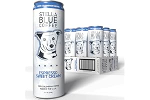 Stella Blue Espresso Sweet Cream Latte, 100% Colombian Coffee, 190mg Natural Caffeine, Good Source of Protein, Ready-to-Drink Coffee Energy Beverage, 11oz Can, 12 Pack