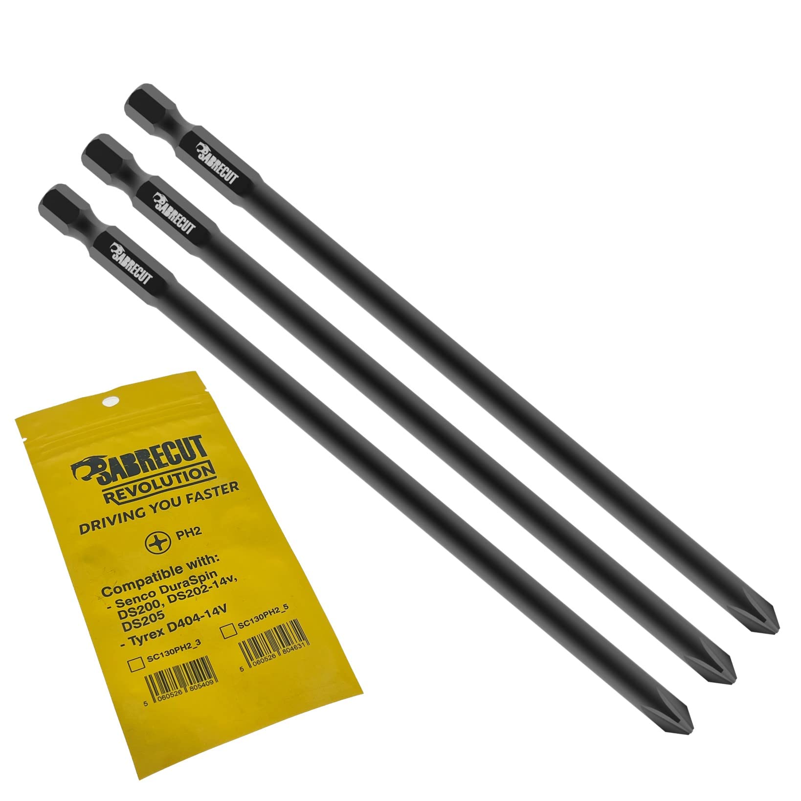 3 x SabreCut SC130PH2_3 130mm PH2 Compatible with SENCO DuraSpin DS200 DS202 DS202-14v DS205 EA0122 and TYREX D404-14V Autofeed Collated Drywall Screwdriver Gun Bit Phillips No.2 Heavy Duty