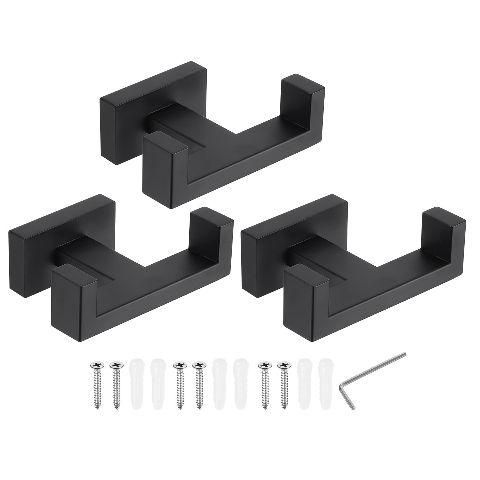 PATIKIL Double Towel Hook, 3Pack 304 Stainless Steel Wall Mounted Hanger Rectangle Towel Holder for Hanging Bathroom, Bedroom, Dormitory, Hang Towel, Clothes, Coat, Robe, Hat, Black
