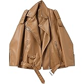 LY VAREY LIN Women Faux Leather Jacket Lapel Collar Motorcycle Zip Up Long Sleeve Motor Biker Short Coat Jacket