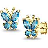 Suplight Butterfly Stud Earrings for Women, 14K Gold & Silver Birthstone Cubic Zirconia, Hypoallergenic Surgical Steel Sterling Silver Post, Sensitive Ears Friendly, Everyday Wear Women’s Jewelry Gifts