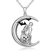 Fenthring Halloween Bat Skeleton Skull Pumpkin Necklace Crescent Moon Black Necklaces for Women Sterling Silver Gothic Weird Christmas Holiday Jewelry Gift