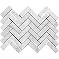 Diflart Marble Mosaic Tile, Marble Backsplash Tiles for Kitchen Bathroom Wall Floor, Pack of 5 Sheets (White Carrara Polished, 1x3 Inch Herringbone)