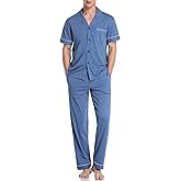 COLORFULLEAF Men's 100% Cotton Pajamas Set Button Down Sleepwear Short Sleeve and Long Pants Pjs