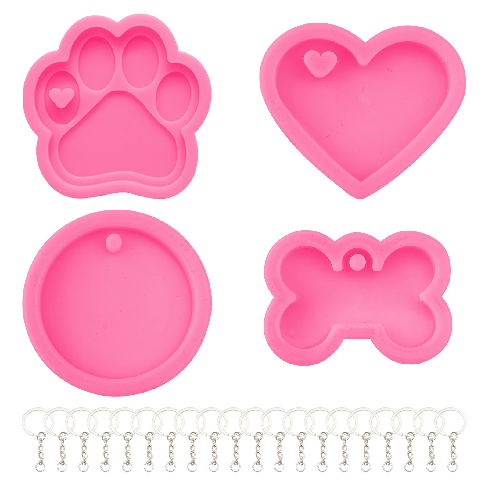 4Pcs Silicone Molds for Resin and 20Pcs Key Rings,Keychain Silicone Resin Molds include Dog Bone Shaped Silicone Mold Pet Paw, Heart and Circle Resin Silicone Keychain Charms Molds for Collar Pendants