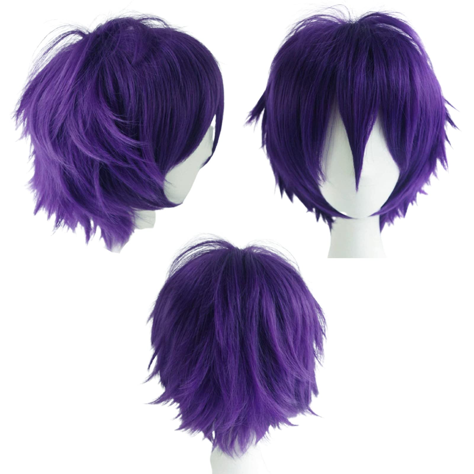 Cybelleza Short Purple Wig - Unisex Anime Cosplay for Women/Men, Synthetic Curly Straight, Layered Fluffy Halloween Costume Party Carnival With Free Cap