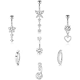 heqxwl 7Pcs Plated Belly Button Ring Surgical Stainless Steel Belly Rings CZ Heart Butterfly Bow Opal Designs for Women Navel Piercings Pack, Silver/Gold