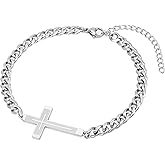 Ailetop Silver Cross Bracelet for Men Teens, Stainless Steel Cuban/Figaro Cross Chain Link Bracelet 5mm 7+2 Inches, Christian Religious Jesus Confirmation Jewelry Gifts for Him