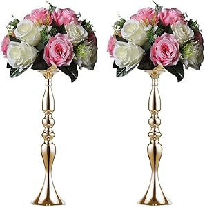 Sziqiqi Metallic Vase Centerpiece Stand Tall Pillar Candle Holder 2Pcs for Wedding Table Centerpiece Flower Arrangement Birthday Anniversary Party Decoration, Gold 19.7in