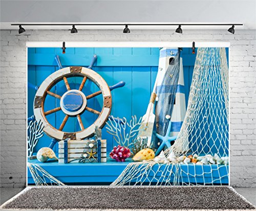 LFEEY 5x3ft Blue Wooden Wall Nautical Birthday Backdrop Seashells Sailing Ship Wheel Helm Fishing Net Starfish Summer Party Photography Background for Events Videos YouTube Photo Studio Props