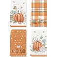 Fall Kitchen Towels Set Of 2 - Pumpkin & Orange Leaves Design, 18x26 Inch Absorbent Dish Towels