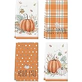 Artoid Mode Orange Watercolor Stripes Hello Pumpkin Fall Kitchen Towels Dish Towels, 18x26 Inch Leaves Decoration Hand Towels Set of 4