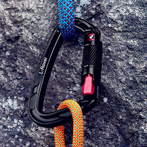 L-Rover Ultra Sturdy Twist Lock Climbing Carabiner Clips, Auto Locking and Heavy Duty Caribeaners, x2/24kN/5400-pound Rating for Hammocks, Rappelling (Auto Locking,24KN,Black/Red) - Thumbnail 5