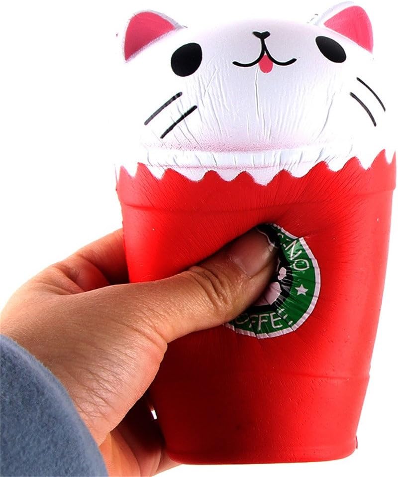 Slow Rising Squishies Jumbo, Cappuccino Coffee Cup Cat Cartoon Squishy Slow Rising Squeeze Stress Reliever Big Fun Simulation Kid Toy Cellphone Key Straps Chain Charm Pendant Strap Kid Gift (Red, 14cm)