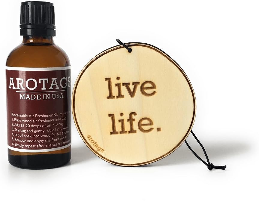 ArotagsWooden Car Air Freshener - Long Lasting Vanilla Lavender Scent Diffuses for 365+ Days - Includes Live Life Hanging Mirror Diffuser and Fragrance Oil - 100% American Made