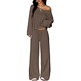TDCoool Two Piece Matching Lounge Sets For Women Vacation Airport Fall Outfits Off Shoulder Sweatshirt Wide Leg Sweatpant Set