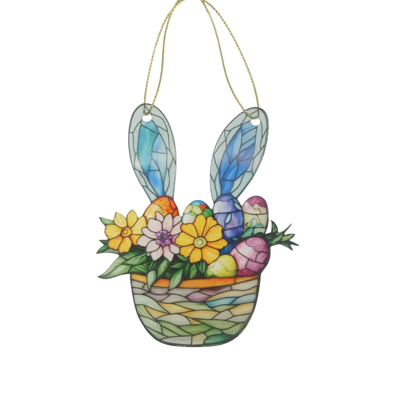 Easter Tree Ornaments - Easter Egg Ornaments - Bunny in Flower Basket Acrylic Suncatcher - Faux Stained Glass Effect Decoration for Window, Home - Cute, Easter Egg Stuffers