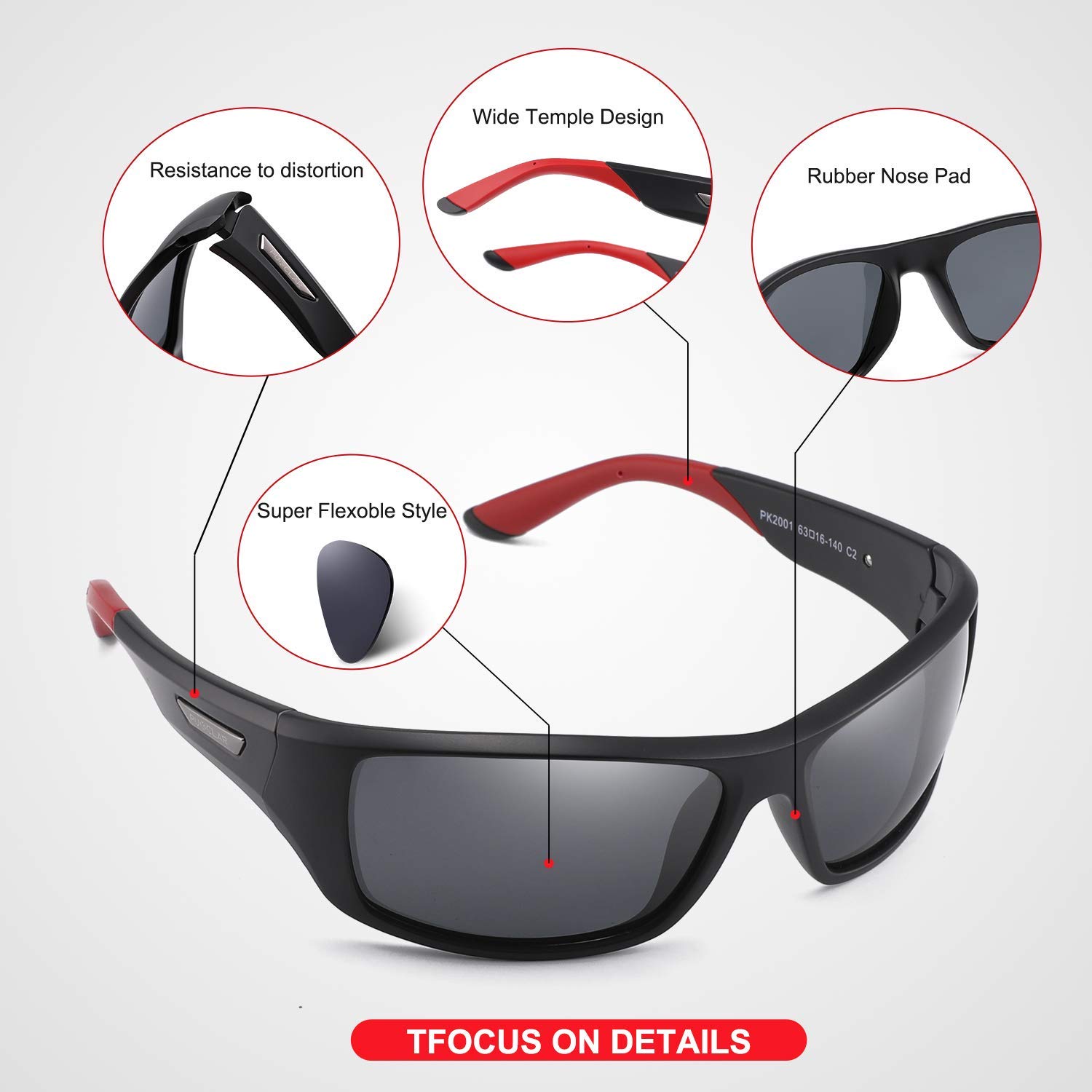 PUKCLAR Sonnenbrille Herren Polarisierte Sportbrille Radsportbrillen Fahrerbrille Damen UV400 Schutz, L, C1 Schwarzer Rahmen / Cat 3 Grau 7