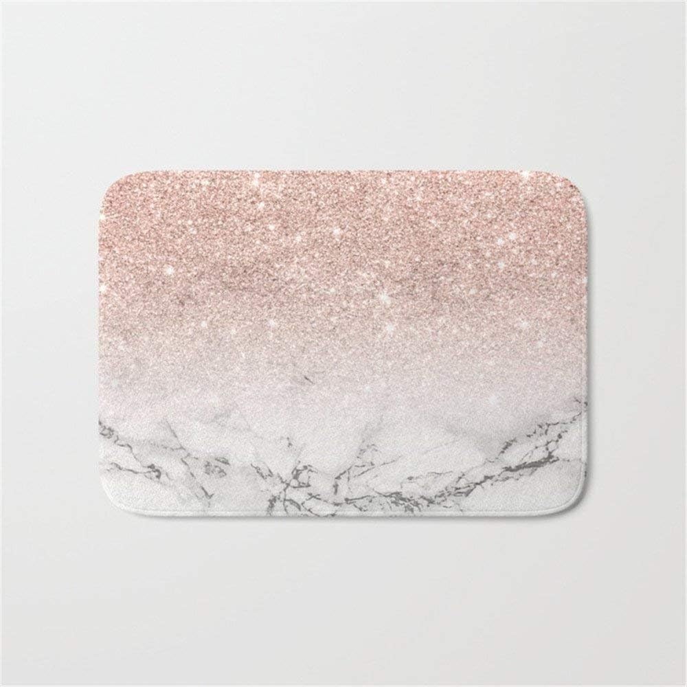 JIEKEIO Modern Faux Rose Gold Pink Glitter Ombre White Marble Bathroom Bath Door Mat Rug 23.6(L) X15.7(W) Inch,40cmx60cm