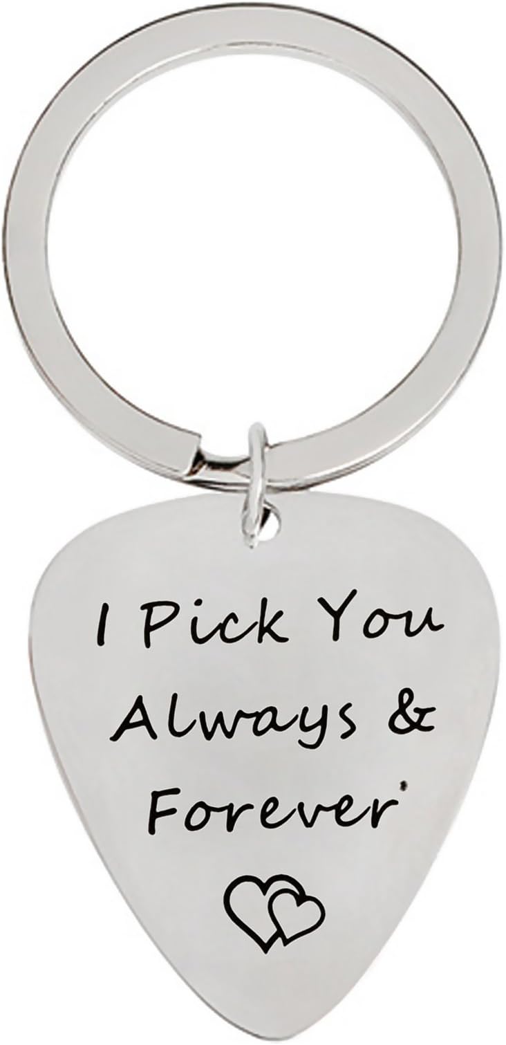 Polished Stainless Steel Guitar Pick Keychain, I Pick You Always and Forever Guitar Pick Key Holder Black Friday Deal Christmas Present Valentine's Day Gift, Birthday Gift, Anniversary Gift