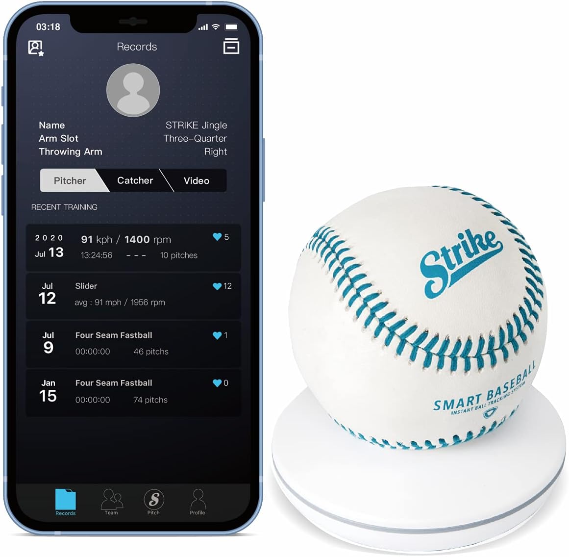 STRIKE Smart Baseball Training Equipment for Practice, Analysis Speed/Spin Rate/Pop Time Sensor, Official Size, Weight and Genuine Leather Skin as MLB (iOS/Android)(Smart Baseball, Charging Pad) : Sports & Outdoors