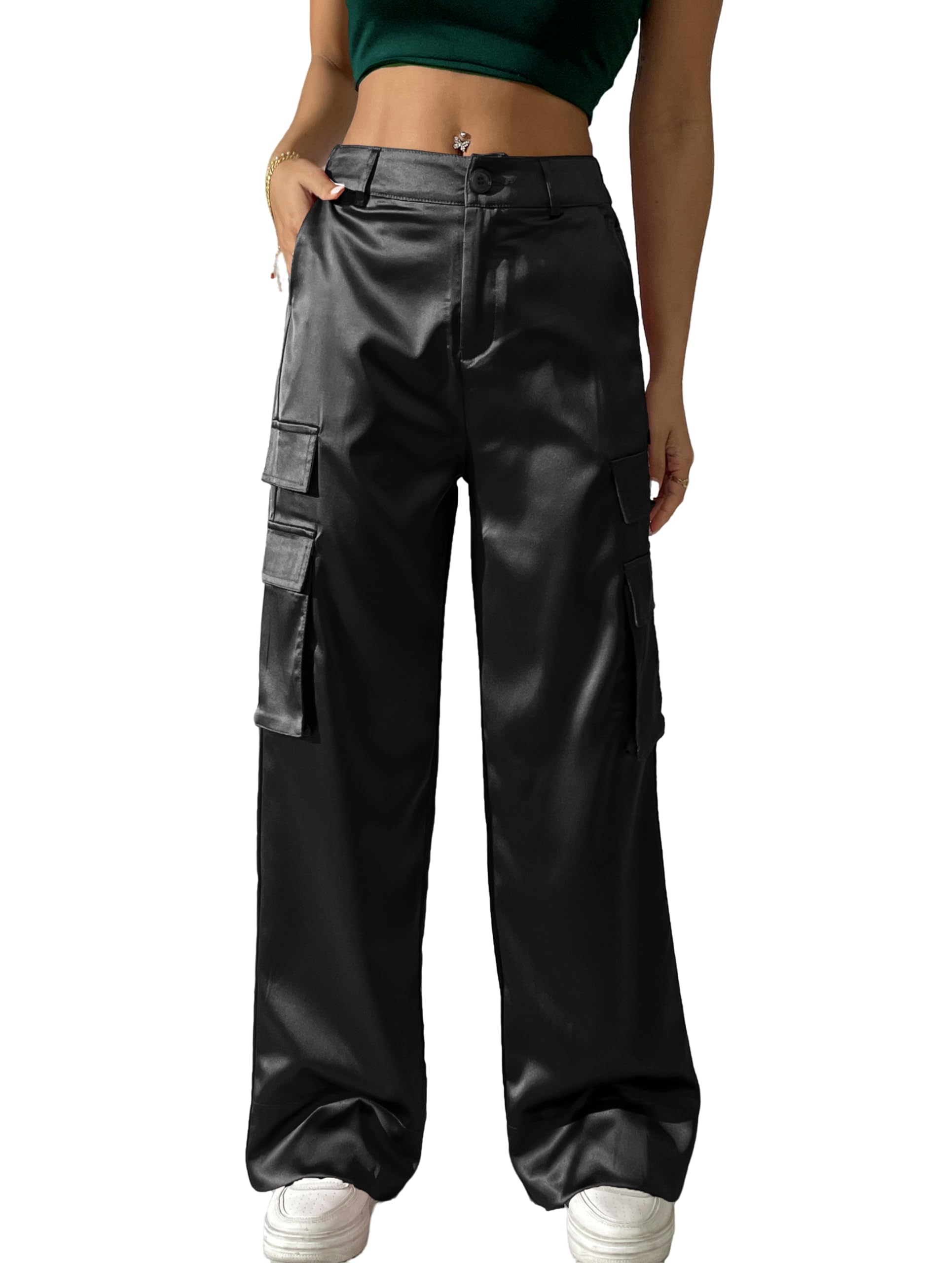 Photo 1 of Fakanhui Women's Cargo Pants Baggy Satin Casual High Waisted Gold Silver Party Club Streetwear Trouser