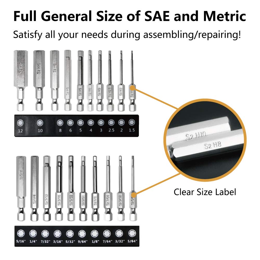 MulWark Hex Head Allen Wrench Drill Bit Set 20PC (10pc Metric & 10pc SAE), 2.3" Long 1/4" Diameter Quick Release Shank Magnetic Screwdriver Bit Set for Assembling Furniture: Industrial & Scientific